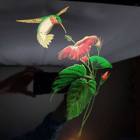 Black Lacquer Serving Tray Hummingbird Flower Goldtone Accents Japan Otagiri - Picture 2 of 5